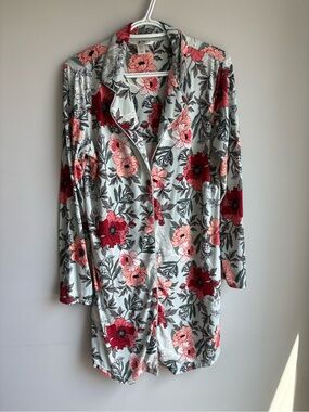 Max Studio Floral Button-Front Pajama Top in Mint, Red & Coral Pink
